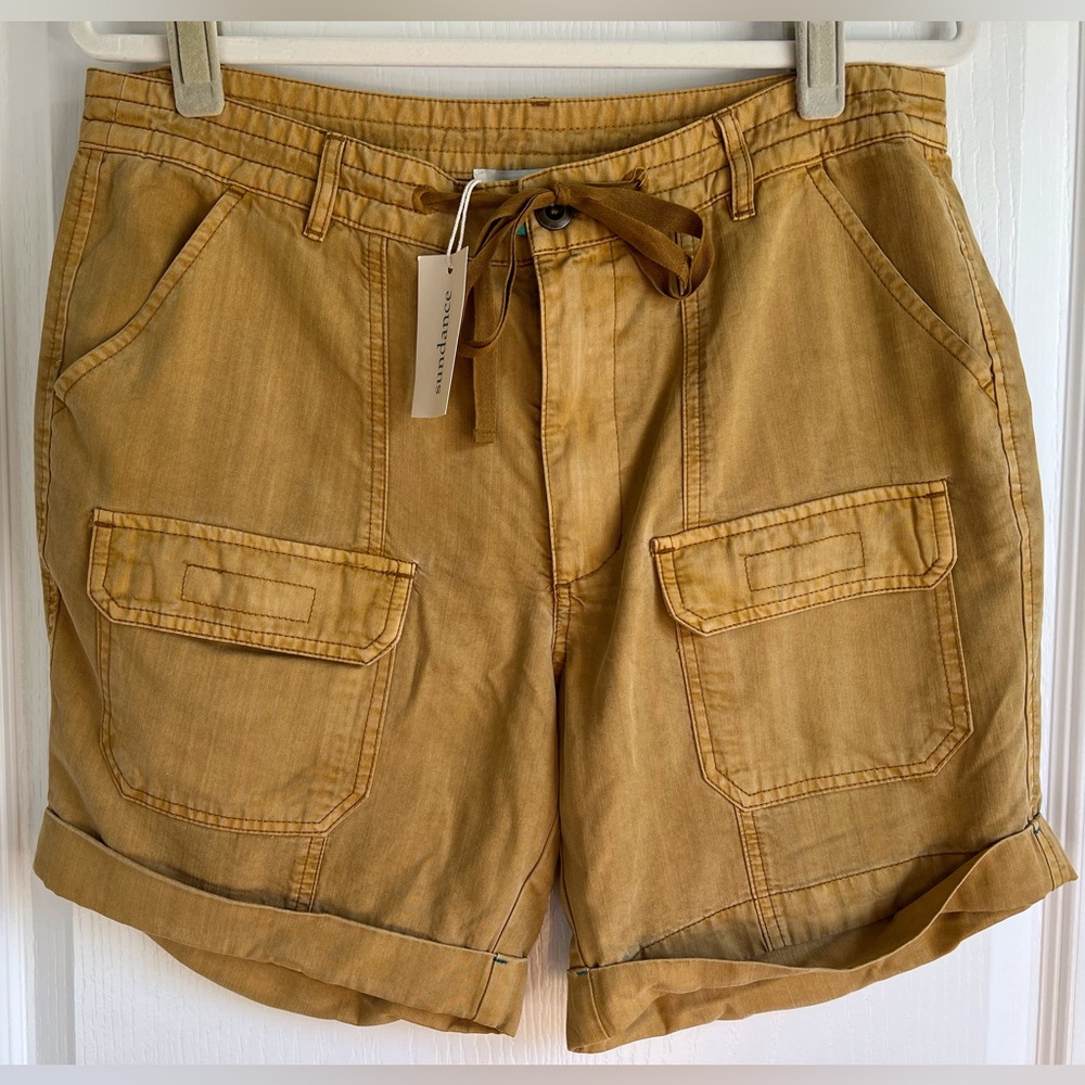 NWT Sundance Cargo Shorts Tencel Mid Rise Rolled Cuff Mustard Gold Yellow 10